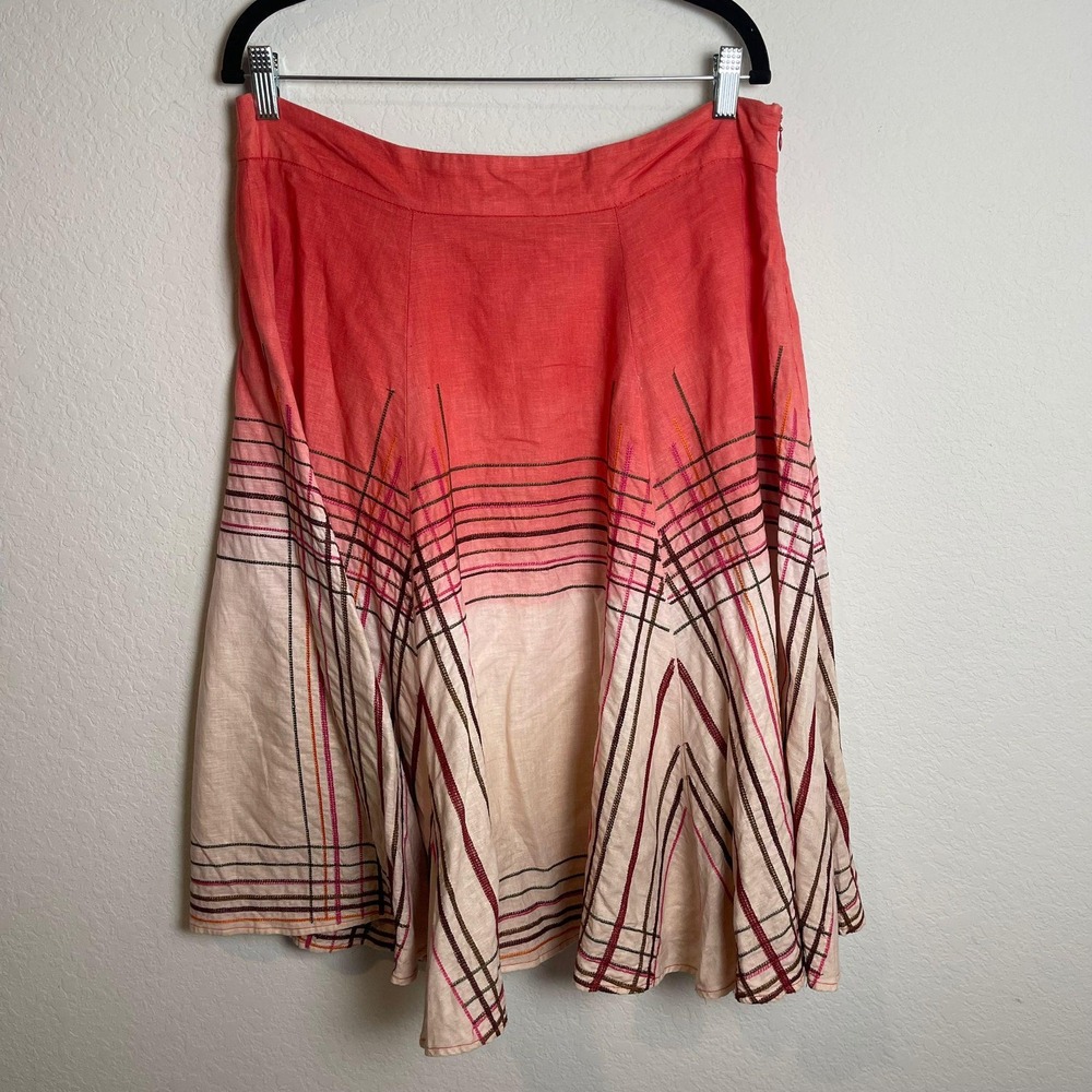 Kenar Linen Blend Skirt A-Line Midi Coral‎ Pink Plaid Print Size 10